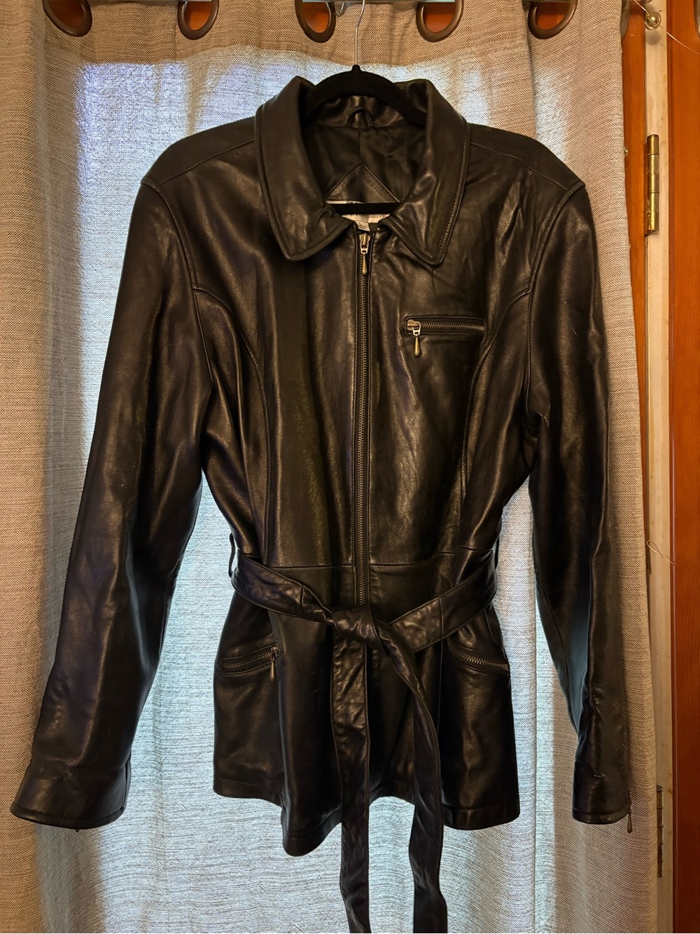 Valerie Stevens Black Leather Lambs Skin Belted Jacket